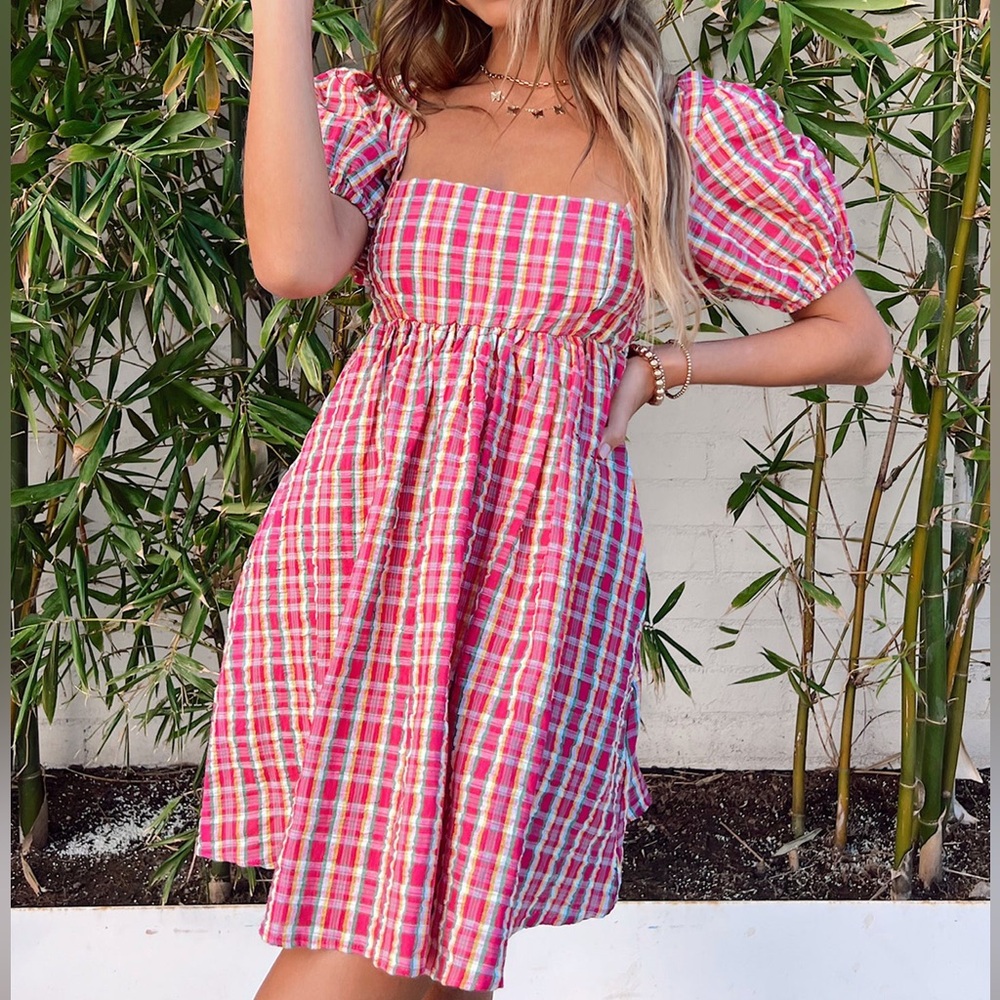 Show Me Your MuMu Smitten Babydoll Dress-Pink Plaid-Size Small - Picture 3 of 13